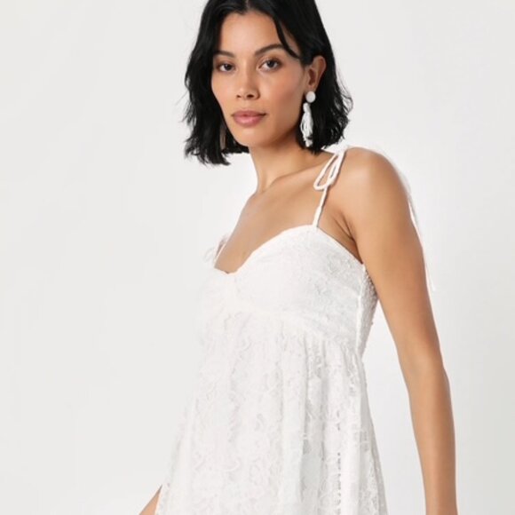 White Lace Tie-Shoulder Babydoll Mini Dress - Picture 2 of 4